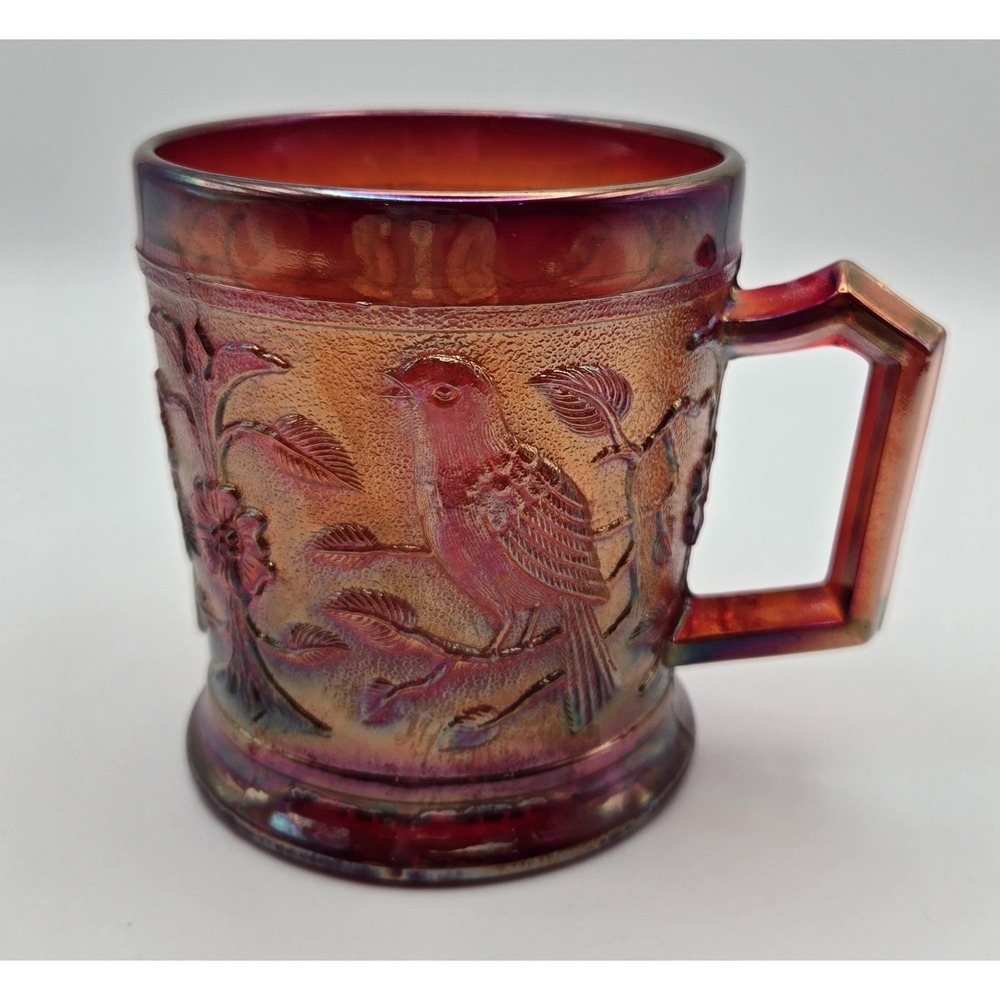 Carnival Mug. 'Bird On A Branch' Iridescent Sunset Red / Marigold Vintage Fenton